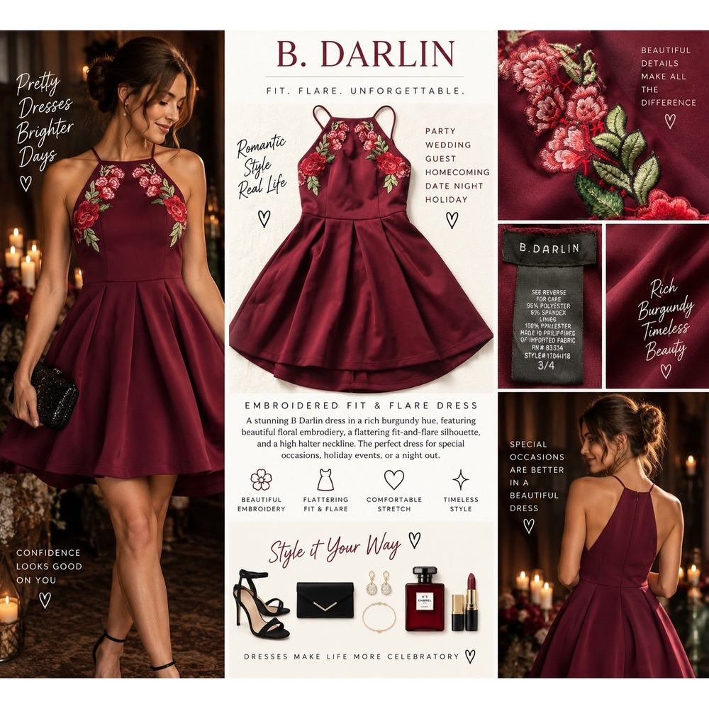 B Darlin Burgundy Floral Embroidered Fit Flare Halter Dress 3/4 17AAL165